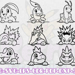 May include: Black and white line art of nine different cartoon creatures, each peeking over a horizontal line. The creatures have various shapes and features, including spikes, leaves, and horns. Text at the bottom reads "PNG-SVG-EPS-CDR-PDF-DXF-JPG".
