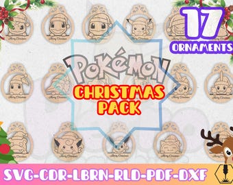 Christmas Retro Pokemon Ornament Pack | 17 Designs Svg Png Dxf Pdf Jpg Eps Ai | Cute Pokemon Style Files for Cricut Laser Crafts Anime