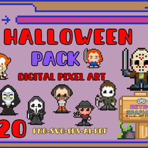 May include: A digital art pack of 20 Halloween characters in pixel art style. The characters include a clown, a ghost, a masked figure, and a girl with a knife. The text "HALLOWEEN PACK" and "DIGITAL PIXEL ART" are displayed in the image. The text "PNG-SVG-EPS-AI-PDF" is also displayed in the image. The text "RETRO GRAPHICS" is displayed in the image with the text "PIXEL ART STYLE" below it.