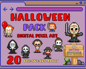 Halloween Digital Pixel Art Pack, 20 Clipart Drawings PNG/SVG/EPS/AI/PDF