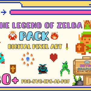 以下が含まれることがあります： ゼルダの伝説のビデオゲームシリーズのキャラクターとオブジェクトをフィーチャーしたデジタルピクセルアートパック。このパックには、PNG、SVG、EPS、AI、PDF形式で80以上の画像が含まれています。画像には、リンク、ゼルダ、ガノンドロフなどのさまざまなキャラクターと、剣、盾、ハートなどのアイテムが表示されています。
