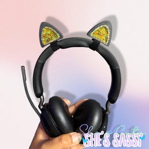 Gold And Black Cat Ears Headset Charms: Kawaii Gamer Cosplay Accessory