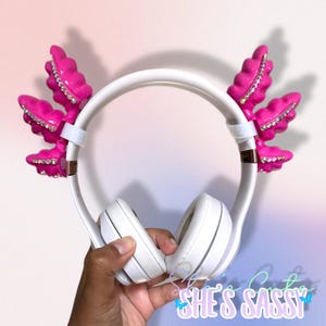 Handgjorda knallrosa Axolotl-volanger med strass för headset