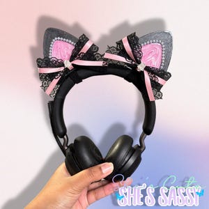 XL Black Cat Ears Headset Charms With Lace Bows And Charms: Kawaii Gamer Accessor