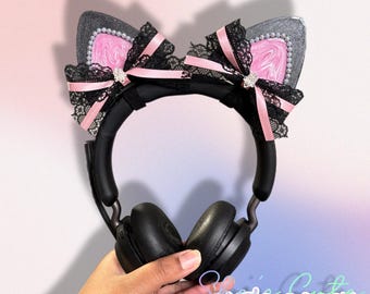 XL Black Cat Ears Headset Charms With Lace Bows And Charms: Kawaii Gamer Accessor