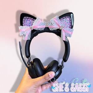 Dijes para auriculares con orejas de gato negro XL, lazos de encaje y dijes: accesorio gamer kawaii