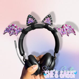 Pink And Black Glitter Bat Wings & Cat Ears Headset Charms: Kawaii Gamer Cosplay Accessory