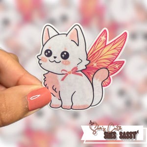 Adorable Kawaii Cat with Pink And Orange Ombré Fairy Wings Pink Bow Sticker Gift Decal| Water Bottle, Laptop, Kindle, Planner Accessory