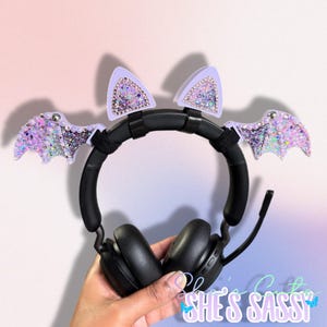 Purple 3D Printed Glitter Bat Wings & Cat Ears for Headphones-Adjustable Headset Charms, Kawaii Gamer Accessories, Cosplay Headset Accessory