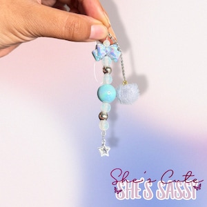 Adorable Handmade Blue Beaded Phone Charm With Rhinestone Star And Iridescent Bow  | Cute Girly Accessory, Gift For Her, Purse Charm