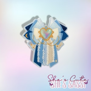 Lindo laço estilo K-pop azul com pingente de coração iridescente adesivo presente decalque | Garrafa de água, laptop, Kindle, acessório de planejador