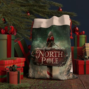 Christmas Gift Bag, North Pole Theme, Holiday Bag, Reusable Gift Pouch, Santa Gift Wrap, Merry Christmas Decor