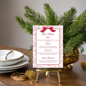 Edytowalny czerwony szablon menu baru toile na wesela, baby shower, zaręczyny, urodziny, imprezy świąteczne i specjalne wydarzenia