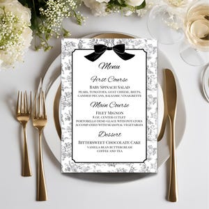 Edytowalny czarny szablon menu obiadowego Toile na wesela, baby shower, zaręczyny, przyjęcia urodzinowe i specjalne wydarzenia