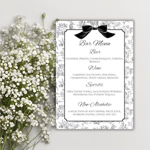 Edytowalny czarny szablon menu baru toile na wesela, baby shower, zaręczyny, przyjęcia urodzinowe i specjalne wydarzenia