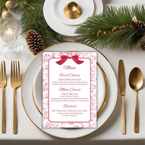 Edytowalny czerwony szablon menu obiadowego na wesela, baby shower, zaręczyny, urodziny, imprezy świąteczne i specjalne wydarzenia