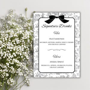 Edytowalny czarny szablon menu drinków z podpisem Toile na wesela, baby shower, zaręczyny, przyjęcia urodzinowe i specjalne wydarzenia