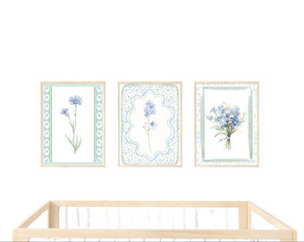 Grandmillennial| Botanical  | Nursery| Hydrangea Wall Art | Blue and Green Decor | Floral Art Charm | Set of 3 wall Decor Art| Watercolor |