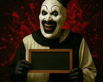 Könnte beinhalten: Eine Person in einer Clownmaske und einem Kostüm hält eine Holzrahmen-Tafel. Der Clown hat weiße Schminke mit schwarzen Akzenten, einen schwarzen Zylinder und ein schwarz-weißes Kostüm. Der Hintergrund ist dunkelrot mit Spritzereffekten.