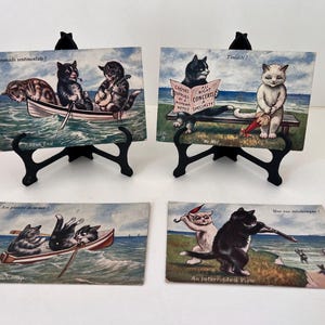 Lot de 4 cartes postales originales de Tuck's « Oilette » – Chats édouardiens anthropomorphes au bord de la mer – Objets de collection inutilisés et charmants