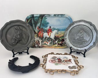 Vintage French Equestrian Decor Set: Horse Plates, Hunting Tray & Key Holder