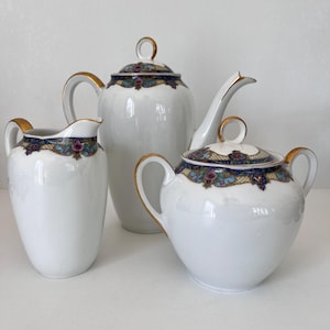 Union T Czechoslovakia Vintage Enamel Tea Set – Teapot, Milk Jug & Sugar Bowl – White and Blue Enamelware – Shabby Chic Kitchen Decor