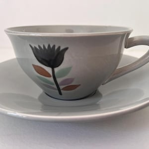 Vintage Salins Montpezat Cup & Saucer | Mid-Century Floral Teacup Made in France | French Ceramic Tableware Grey Cup