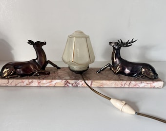 Art Deco Stag & Doe Lamp | 1930s French Spelter Figures on Marble Base | Original Frosted Glass Shade | 48×16 cm