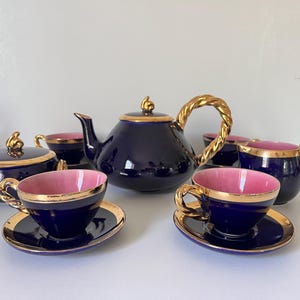 Vallauris Monica Ceram Tea Set | French Riviera Mid-Century Ceramic | Pink & Blue Art Deco Teapot Set with Gold Handles | Rare Vintage Find