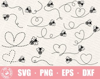Bee Path Svg Bundle / Png Files For Cutting Machines / Digital Clipart / Honeybee Bumble Bee / Heart Dotted Lines / Cut File For Cricut
