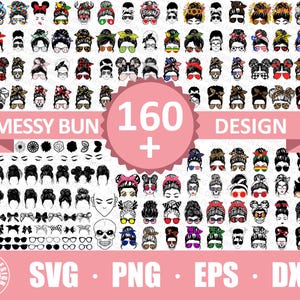 Puede incluir: Una descarga digital de más de 160 diseños de moños desordenados con varios peinados, gafas y accesorios. Los diseños están en formatos SVG, PNG, EPS y DXF.