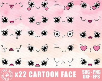 Bundle Svg visages dessin animé / Svg visage kawaii / Svg émotion mignon grimace / Emoji visage / Clipart visage dessin animé / Comics visage Png / Silhouette