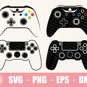 May include: Two black and white video game controller silhouettes. The top controller has a circular button layout, while the bottom controller has a square button layout.