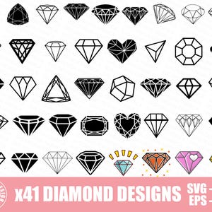 May include: A collection of 41 diamond designs in various shapes and styles, including solid black and outlined versions. Some diamonds have heart and geometric shapes. The image includes the text "X41 DIAMOND DESIGNS" and file type information.