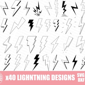 May include: A set of 40 black and white lightning bolt illustrations. The illustrations are in various styles and sizes. The illustrations are perfect for use in digital or physical crafts.