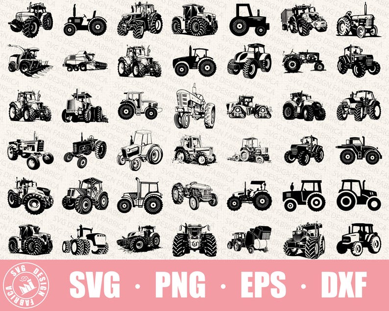 May include: A collection of 36 black and white tractor silhouettes. The tractors are in various styles and sizes, with some featuring wheels, cabs, and other details. The silhouettes are arranged in a grid pattern.