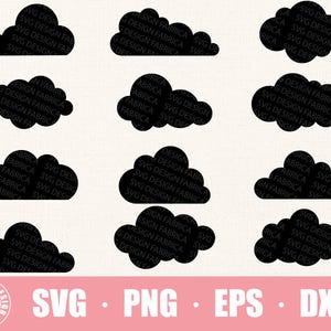 May include: Set of ten black cloud shapes, perfect for crafting projects. Each cloud is outlined in black and filled in with black. The clouds are all different sizes and shapes.
