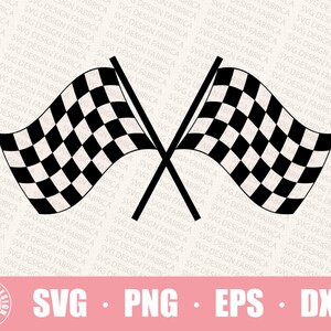 May include: Black and white chequered racing flag with two crossed sticks. The flag is waving in the wind.