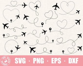 May include: A digital design file featuring a collection of airplane and heart shapes. The airplanes are flying in different directions, leaving trails that form hearts. The design is perfect for creating custom projects like t-shirts, mugs, and home decor.