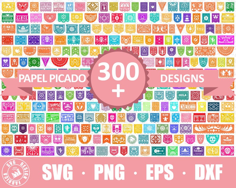 Może przedstawiać: Kolorowy pakiet cyfrowego papieru z ponad 300 wzorami papel picado, tradycyjnego meksykańskiego rękodzieła papierowego. Wzory są w r&oacute;żnych kolorach i wzorach, w tym kwiaty, zwierzęta i kształty geometryczne. Tekst "Papel Picado 300+ Designs" jest wyświetlany w środku obrazu.