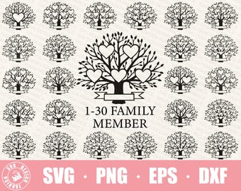 Pacchetto Svg albero genealogico 2-25 membri monogramma / Albero della vita Svg / Ramo albero genealogico / File di taglio Cricut Clipart albero genealogico Monogramma regalo