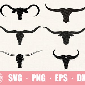 May include: Set of six black silhouette images of longhorn cattle heads with large horns. The horns are curved and point upwards. The cattle heads are facing forward. The images are suitable for use in crafting projects, such as cutting, etching, or engraving.