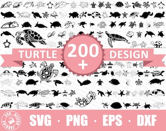 May include: A black and white digital download of 200+ turtle designs. The designs are in a variety of poses and styles, including some with shells and some without. The text "TURTLE 200+ DESIGN" is at the top of the image. The text "SVG. PNG. EPS. DXF" is at the bottom of the image.