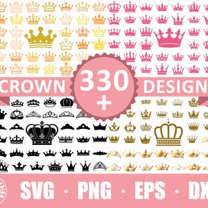 Puede incluir: Una colección de más de 330 diseños de coronas en negro, dorado y rosa. Los diseños están en formatos SVG, PNG, EPS y DXF.