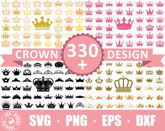 May include: A collection of 330+ crown designs in black, gold, and pink. The designs are in SVG, PNG, EPS, and DXF formats.