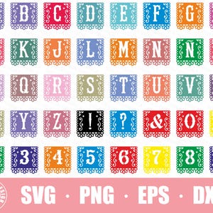 Op de afbeelding: Een set van 36 kleurrijke alfabet- en cijferuitsparingen in een traditionele Mexicaanse papiersnijkunst. De ontwerpen zijn perfect voor het maken van feestdecoraties, banners en andere knutselwerkjes.