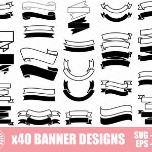 Può includere: Un set di 40 design di banner in bianco e nero. I banner sono di varie forme e dimensioni, tra cui curvi, dritti e angolati. I design sono perfetti per aggiungere un tocco decorativo a qualsiasi progetto.