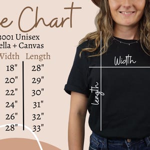 Puede incluir: Tabla de tallas para camisetas unisex Bella + Canvas. La tabla muestra las tallas S a 3XL con las medidas de ancho y largo correspondientes en pulgadas.