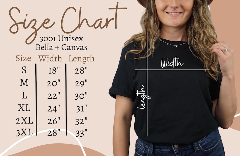 Puede incluir: Tabla de tallas para camisetas unisex Bella + Canvas. La tabla muestra las tallas S a 3XL con las medidas de ancho y largo correspondientes en pulgadas.