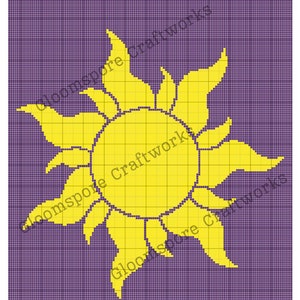 May include: A crochet pattern for a yellow sun with rays, using the C2C technique. The pattern is on a purple grid background.